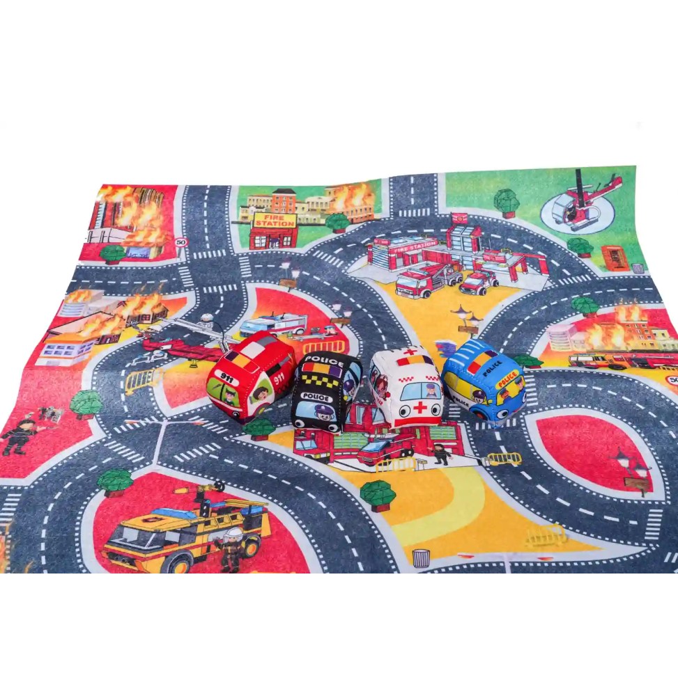 Fire Station City Mat with 4 Soft Cars for Kids