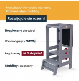 Meowbaby kitchen helper z tablicą, regulowany podest drewniany