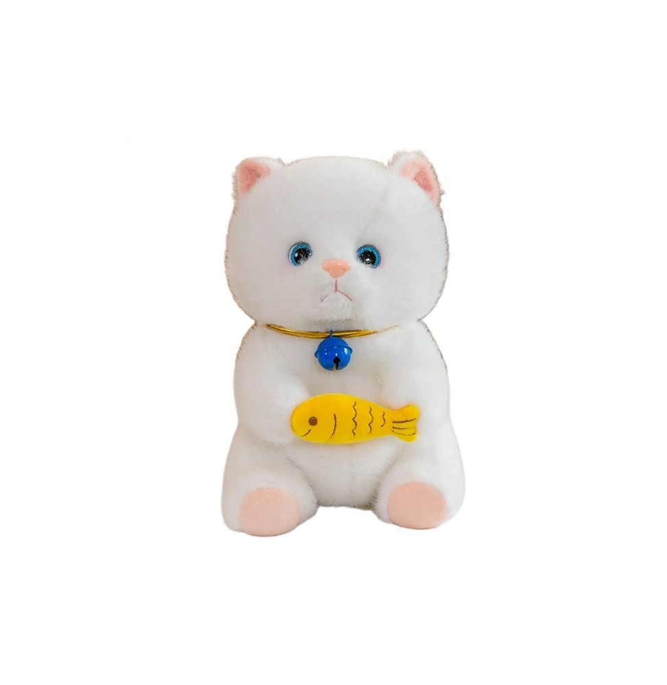 White Kitten Plush Toy 25 cm with Fish and Bell