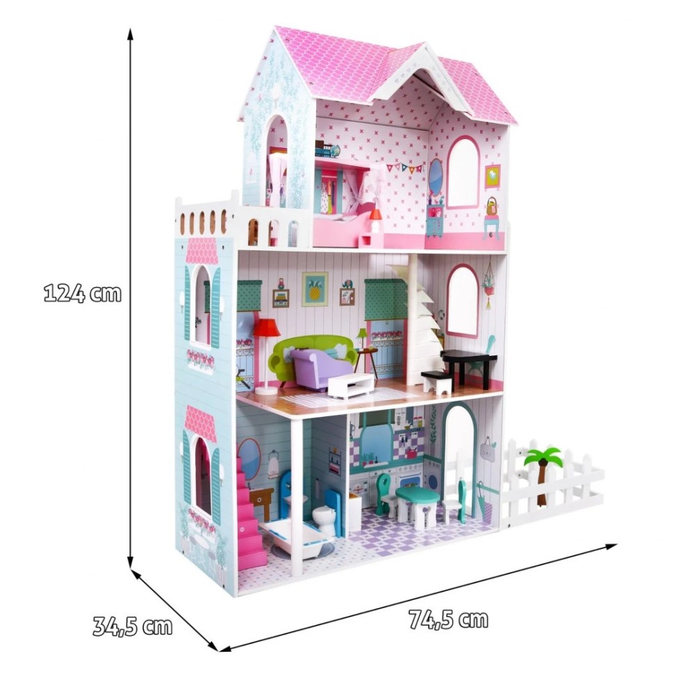 Pink Wooden Dollhouse with Furniture and Garden