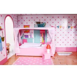 Pink Wooden Dollhouse with Furniture and Garden