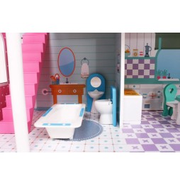 Pink Wooden Dollhouse with Furniture and Garden