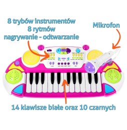 Różowy zestaw muzyczny keyboard, werble, mikrofon dla dzieci 3+