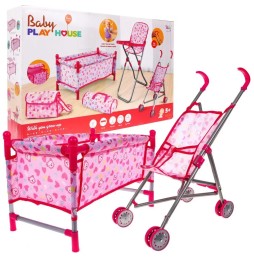 Doll Accessory Set with Stroller and Cradle for Kids 3+